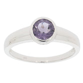 Round purple gemstone sterling silver ring, elegant design, perfect for sophisticated jewelry collections.